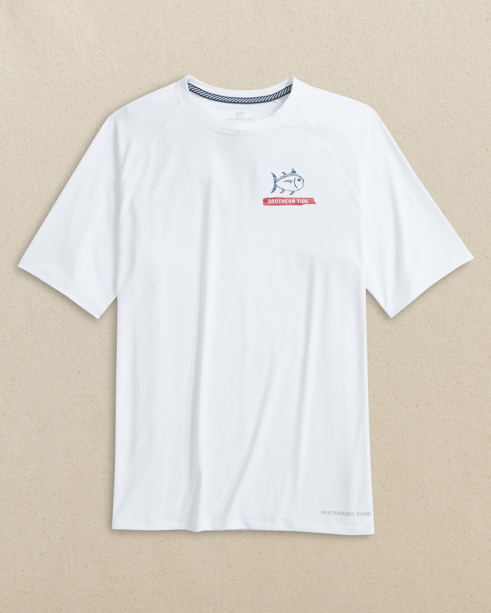 The front view of the Southern Tide Wooden Flag brrr°®-illiant Short Sleeve Performance T-Shirt by Southern Tide - Classic White