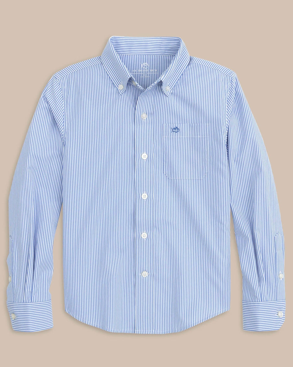 The front view of the Southern Tide Youth Bengal Stripe Intercoastal Sport Shirt by Southern Tide - Cobalt Blue