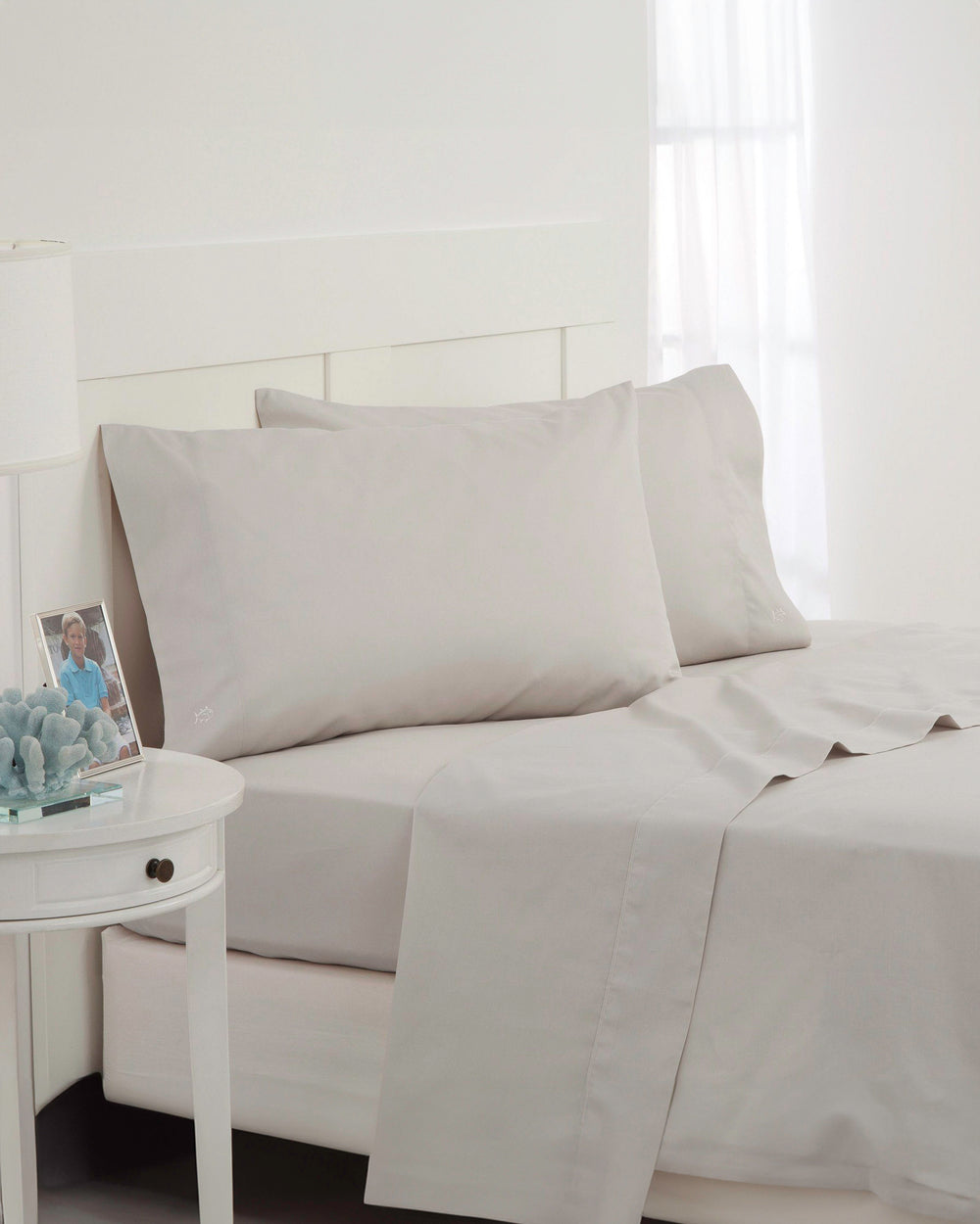 The angle front view of the Southern Tide Cotton Twill Sheet Set by Southern Tide - Grey